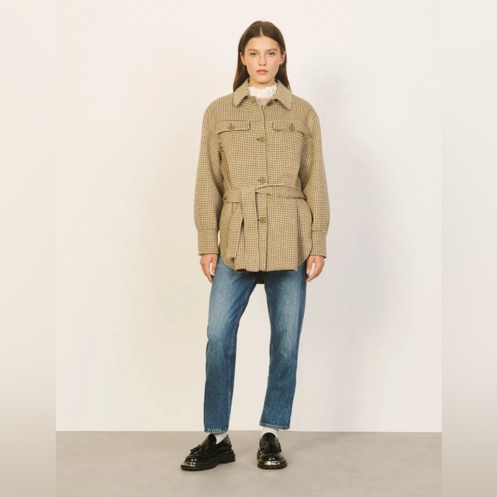 Sandro Houndstooth Beige Belted Jacket